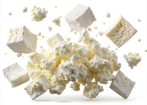 Falling crumbled feta cheese chunks and cubes on white background