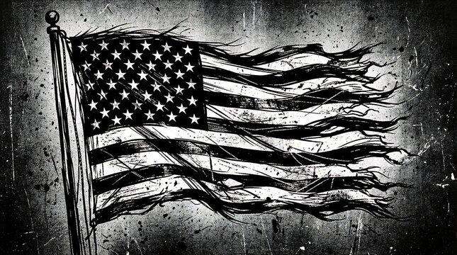 Black and white illustration of a waving american flag on a pole