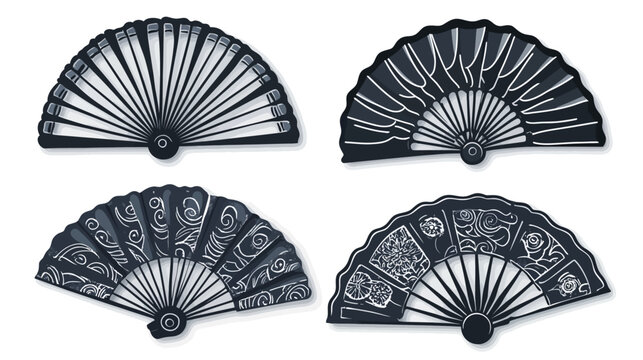Four stylized, opened hand fans of varied design and ornamentation, grayscale palette