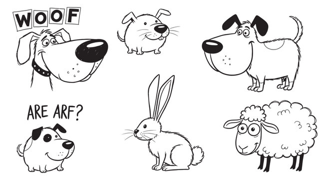 A humorous collection of cartoon animal outline drawings featuring expressive dogs, a rabbit, and a sheep.