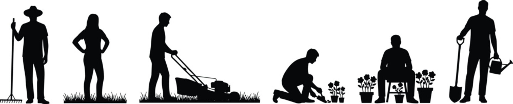 Black silhouettes of people gardening and landscaping including lawn mowing planting flowers raking leaves and holding garden tools on white background.