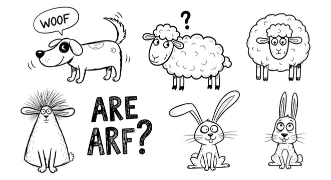 A playful collection of six expressive cartoon animal outline drawings including dogs, sheep, and rabbits.