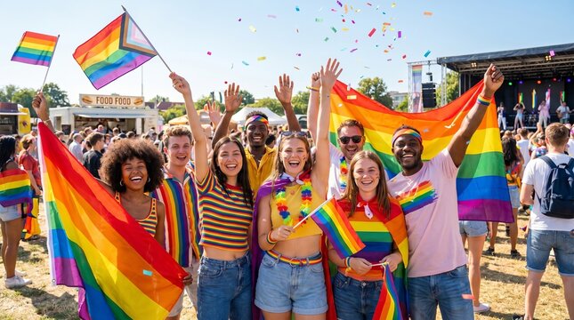 A vibrant group of diverse individuals joyfully celebrates at an outdoor Pride festival, waving rainbow flags and tossing colorful confetti into the air under a clear blue sky.