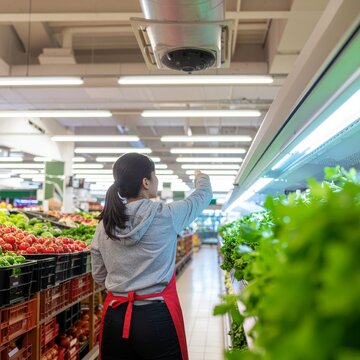 Employ&eacute;e de supermarch&eacute; rangeant des salades dans le rayon frais