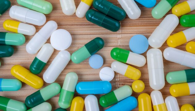 Capsules et comprim&eacute;s m&eacute;dicaux multicolores dispers&eacute;s sur surface en bois