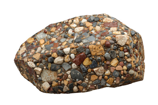 Puddingstone rock showing various colorful pebbles embedded in a matrix, isolated, geology, mineralogy