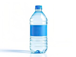 Naklejka premium A clear plastic water bottle with blue cap and blue label on a white background