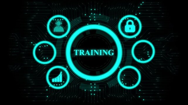 Training dashboard interface animation workforce development system. Corporate learning and skill management visualization platform. Digital training control panel motion graphic.