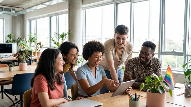 A diverse group of professionals gathers around a table in a contemporary office space, actively engaging with a digital tablet as part of their collaborative work session.
