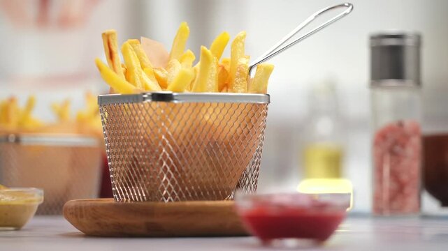 Crispy french fries in metal basket with sauce