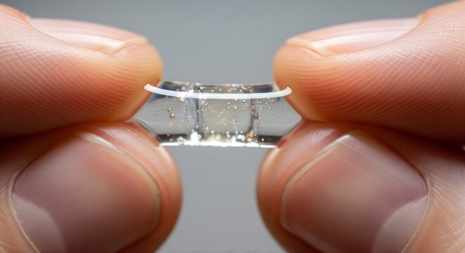 A close-up view of a transparent intraocular lens (IOL) being carefully held between two human fingertips, showcasing advanced medical technology for vision correction and eye health.