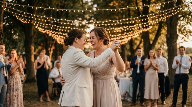 Two women share a heartfelt moment dancing together at an elegant outdoor wedding celebration surrounded by guests applauding beneath warm glowing string lights.