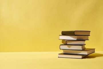 Fototapeta premium Stack of books arranged on yellow tabletop with soft shadow