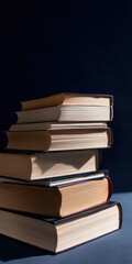 Fototapeta premium Tower of books arranged on table with dramatic shadow