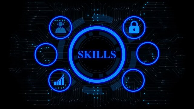 Skills dashboard interface animation professional development system. Workforce capability and talent growth visualization platform. Digital skills management control panel motion graphic.
