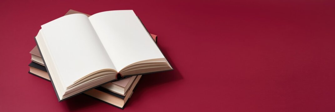 Open book resting on stacked books on red tabletop background