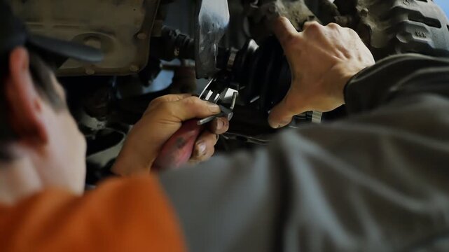 Auto mechanic tightens clamp of outer CV joint of drive wheels using tool. Auto repair worker fixes front outer CV joint of suspension with car lifted to working height. Repair and service of SUVs.