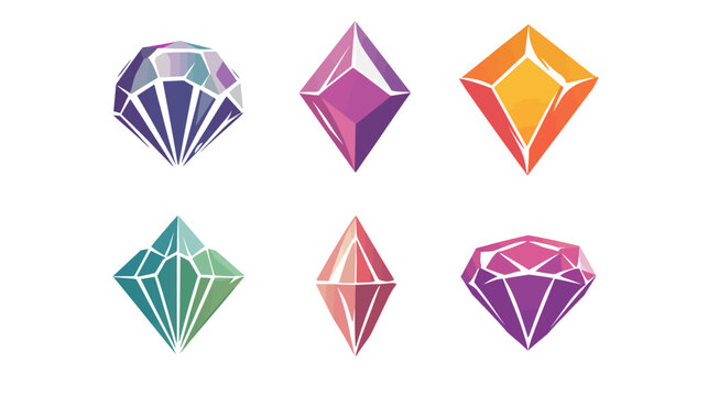 Colorful jewel illustrations with various shapes and shades. Stylized, isolated diamond graphics on white