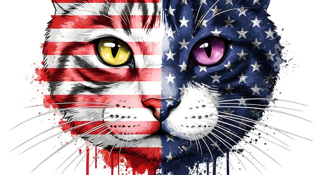 Patriotic cat face with american flag pattern, split design with stars and stripes, artistic watercolor style illustration isolated on transparent background
