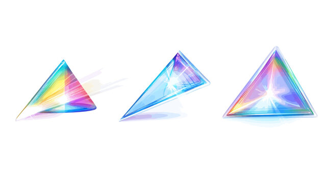 Three colorful abstract triangles with spectral gradient effects. White background, watercolor style