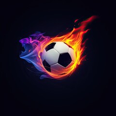 Naklejka premium A soccer ball surrounded by orange fire and purple smoke trails on a dark background