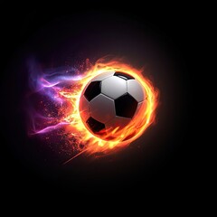 Naklejka premium A soccer ball engulfed in bright orange and purple flames against a black background