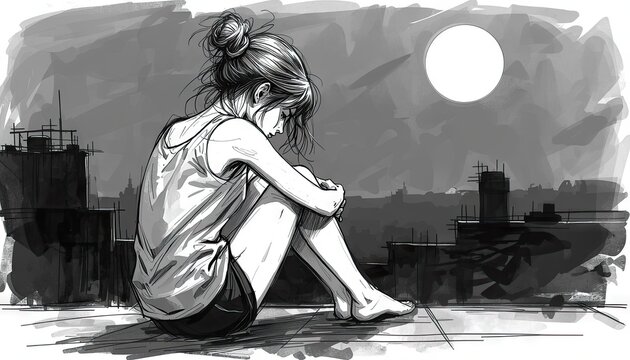 A young woman sitting curled up on a rooftop ledge overlooking a dark city at night with a large moon