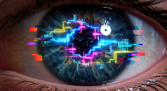 Close Up Eye with RGB Glitch Effect in Pupil Cyber Digital Error Style