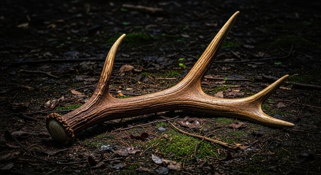 A large, naturally shed brown deer antler resting upon the dark, damp forest earth, showing intricate detail and natural texture, structure, ground, majestic