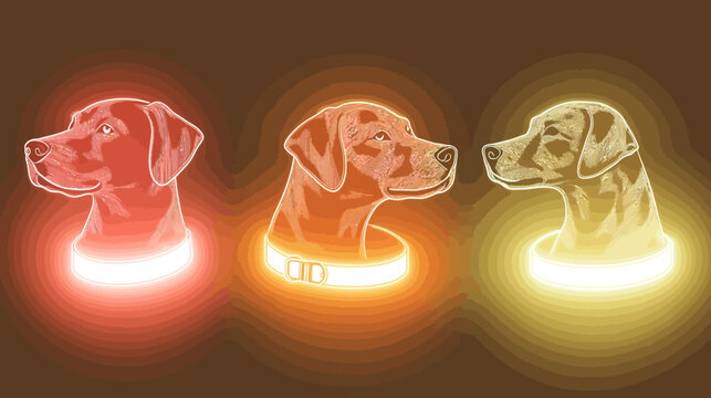 Artistic depiction of three dog heads with glowing collars, against a warm gradient background