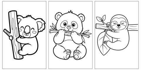 Fototapeta premium Cute Koala Panda And Sloth Coloring Page Cartoon Animal Outline Illustration For Kids