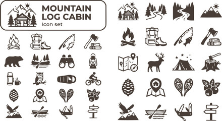 Naklejka premium Mountain Log Cabin Icon Set Vector Stickers Wilderness Retreat Rustic Home Mountain Lodge Cabin Life Outdoor Living Vector Illustration