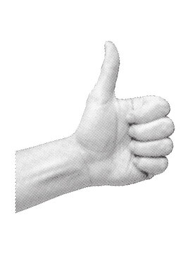 Pixelated hand giving thumbs up gesture in monochrome
