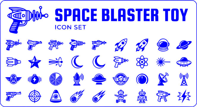 Space Blaster Toy Icon Set Retro-Style Vintage Ray Gun Space Weapon Sci-Fi Blaster Retro Futurism Toy Gun Nostalgic Toys Vector Illustration