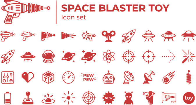 Space Blaster Toy Icon Set Retro-Style Vintage Ray Gun Space Weapon Sci-Fi Blaster Retro Futurism Toy Gun Nostalgic Toys Vector Illustration