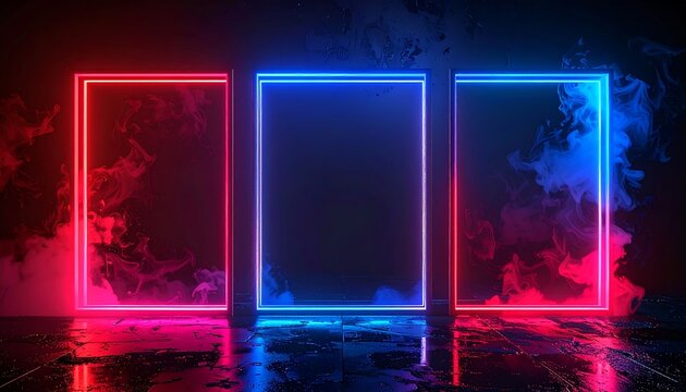 Three vertical glowing rectangles, red and blue, with swirling colored smoke on a reflective wet surface