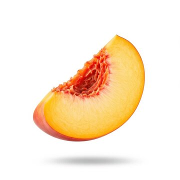 A vibrant, fresh peach wedge is floating and rotating freely against a clean white backdrop, emphasizing lightness and healthy summer fruit, ingredient, air, raw