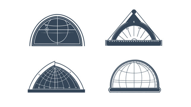 Four stylized, monochromatic design elements with celestial or measurement themes, all against white