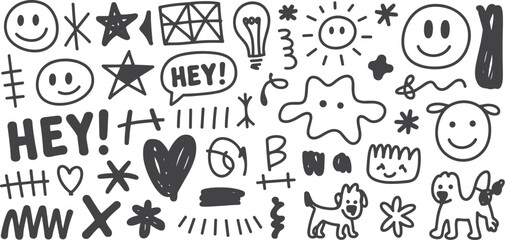 Obraz premium Collection of Hand Drawn Doodle Icons and Symbols with Smiley Faces and Animals