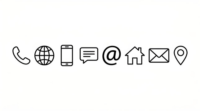 A row of black outline icons representing various contact methods and communication symbols on a white background.