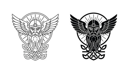 Viking warrior head with winged helmet and decorative knotwork icon set in outline and solid styles © Leo