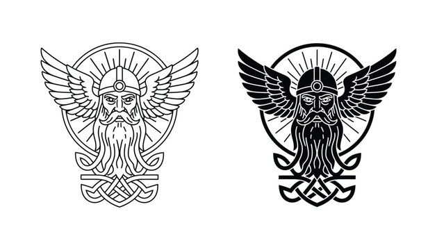 Viking warrior head with winged helmet and decorative knotwork icon set in outline and solid styles