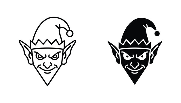 Evil elf face character icon in outline and solid black style for holiday design projects