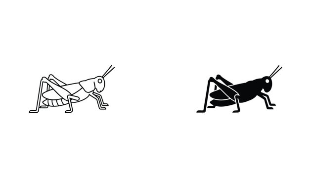 Grasshopper insect icon set in outline and solid black silhouette styles for nature and biology educational graphics