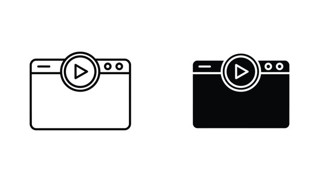 Video player interface icon set with play button overlay in minimal outline and solid graphic styles