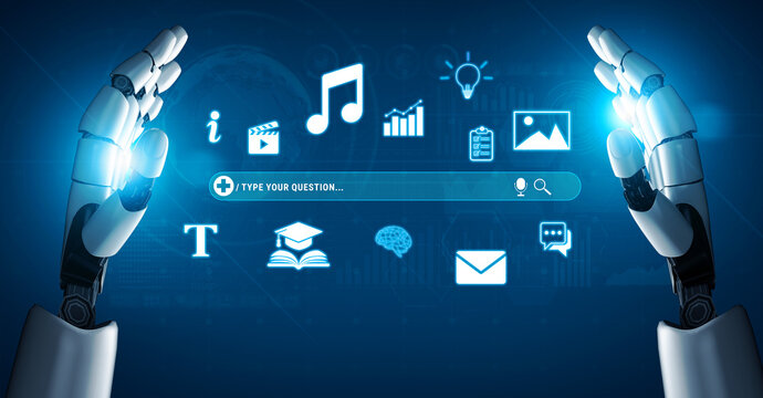Futuristic Robot Hands Interacting with Digital Icons and Symbols Representing Technology, Communication, and Information in a Modern Environment Quark.