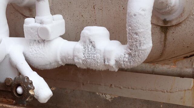 Frost iced with cooling steam motion on the surface pipeline of chemical storage tank during flowing liquid nitrogen pass inside. Industrial equipment processing 4k footage.