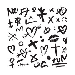 Collection of hand drawn symbols hearts crosses kisses and arrows on white background © MD