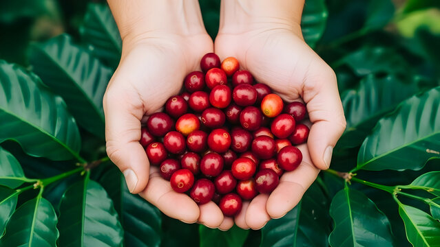 Fresh coffee beans in hands a vibrant green nature background for coffee lovers
