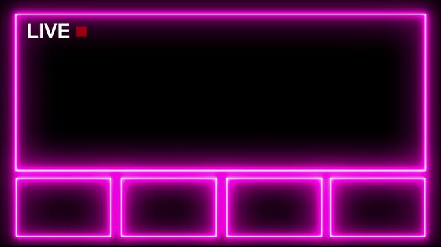 Vivid pink neon border frames a live streaming interface with four empty boxes below on a black background